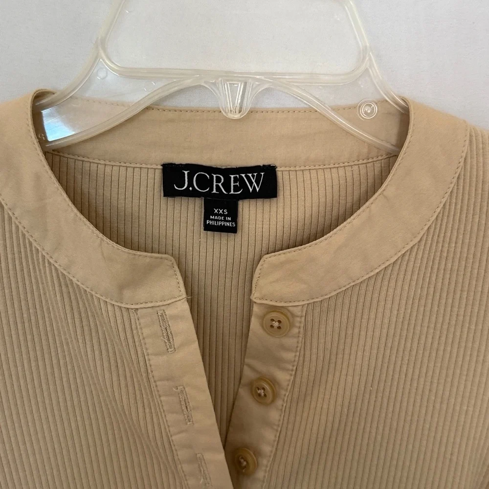 J. Crew Khaki Striped Puff Sleeves Square Neck Ribbed Blouse XXS